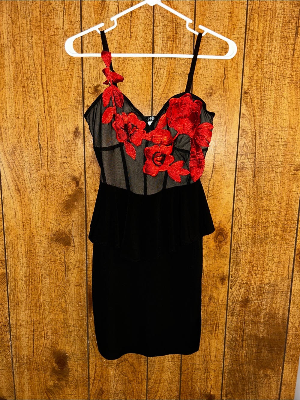 VENUS Black Adjustable Strap Dress with Red Floral Embroidery
